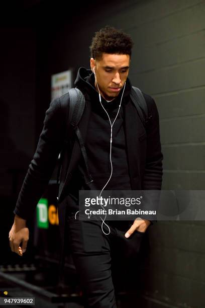 Malcolm Brogdon of the Milwaukee Bucks arrives at the arena before the game against the Boston Celtics in Game Two of Round One of the 2018 NBA...