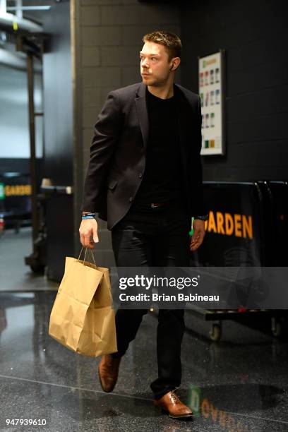 Matthew Dellavedova of the Milwaukee Bucks arrives at the arena before the game against the Boston Celtics in Game Two of Round One of the 2018 NBA...