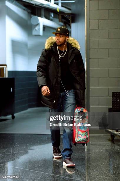 Xavier Silas of the Boston Celtics arrives at the arena before the game against the Milwaukee Bucks in Game Two of Round One of the 2018 NBA Playoffs...