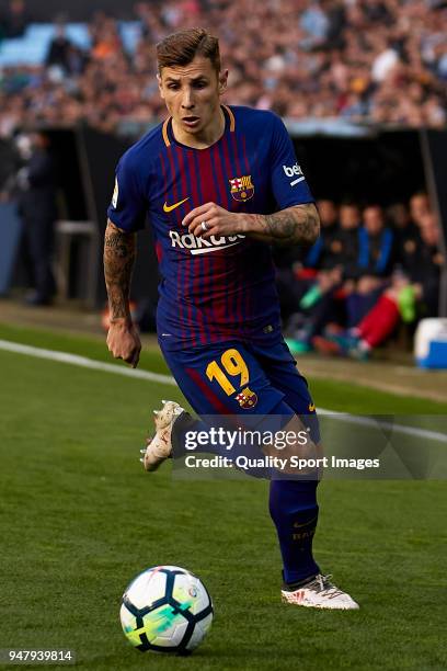 Lucas Digne of FC Barcelona in action during the La Liga match between Celta de Vigo and Barcelona at Balaidos Stadium on April 17, 2018 in Vigo,...