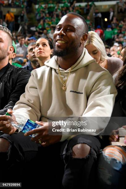 James White of the New England Patriots is seen during the game between the Boston Celtics and the Milwaukee Bucks in Game Two of Round One of the...