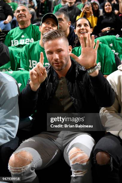 Julian Edelman of the New England Patriots is seen during the game between the Boston Celtics and the Milwaukee Bucks in Game Two of Round One of the...