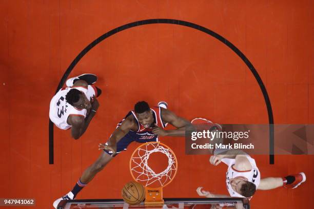 Ian Mahinmi of the Washington Wizards shoots the ball against the Toronto Raptors in Game Two of Round One of the 2018 NBA Playoffs on April 17, 2018...