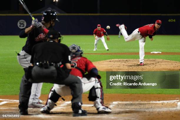 Jake Odorizzi of the Minnesota Twins pitches against the Jose Ramirez of the Cleveland Indians during the first inning at Hiram Bithorn Stadium on...