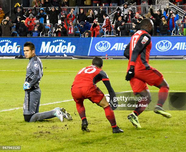 Jozy Altodre and Sebastian Giovinco 10 of Toronto FC celebrate a goal on Miguel Jimnez of Chivas Guadalajara during the CONCACAF Champions League...