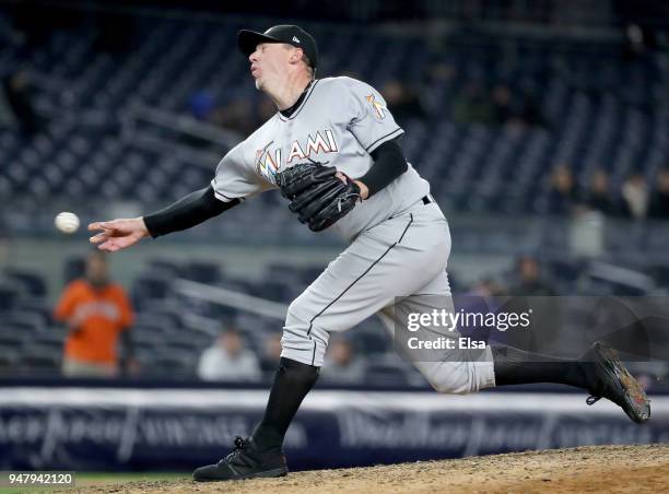 Brad Ziegler of the Miami Marlins delivers a pitch in the ninth inning against the New York Yankees at Yankee Stadium on April 17, 2018 in the Bronx...
