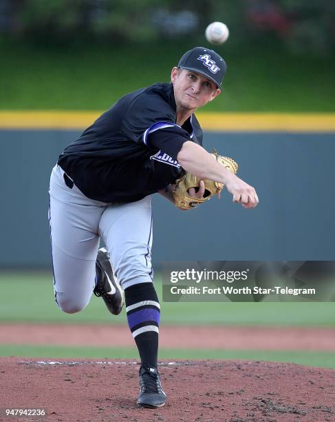 Abilene Christian pitcher Ryan Knowles works during the first inning against Texas Christian at Lupton Stadium in Fort Worth, Texas, on Tuesday,...