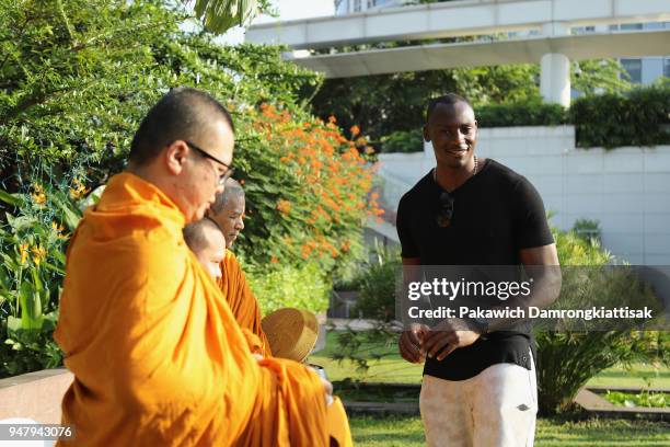 Former NBA player Bismack Biyombo attends a MuayThai session on day four of the SportAccord at Centara Grand & Bangkok Convention Centre on April 18,...