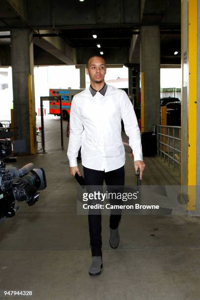 Shabazz Napier of the Portland Trail Blazers arrives at the arena before the game against the New Orleans Pelicans in Game Two of Round One of the...