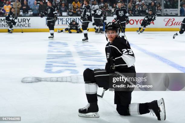 Dustin Brown of the Los Angeles Kings stretches in warm-ups prior to Game Four of the Western Conference First Round against the Vegas Golden Knights...