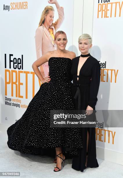 Busy Philipps and Michelle Williams attend the premiere of STX Films' "I Feel Pretty" at Westwood Village Theatre on April 17, 2018 in Westwood,...