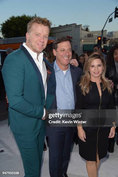 Producer McG, Chairman of STXfilms Adam Fogelson and producer Mary Viola attend the premiere of STX Films' "I Feel Pretty" at Westwood Village...