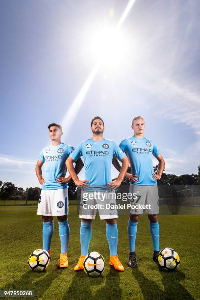 Daniel Arzani of Melbourne City, Bruno Fornaroli of Melbourne City and Nathaniel Atkinson of Melbourne City pose for a photo during a Melbourne City...