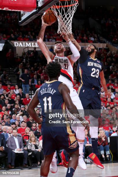 Jusuf Nurkic of the Portland Trail Blazers goes to the basket against the New Orleans Pelicans in Game Two of Round One of the 2018 NBA Playoffs on...