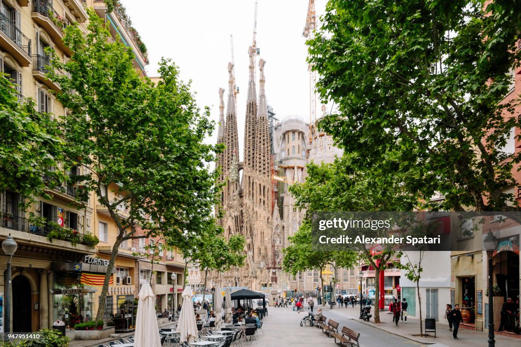 Barcelona street and Sagrada Familia church, Catalonia, Spain
