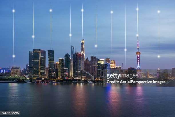 downtown shanghai at dusk - center for secure computing stock pictures, royalty-free photos & images