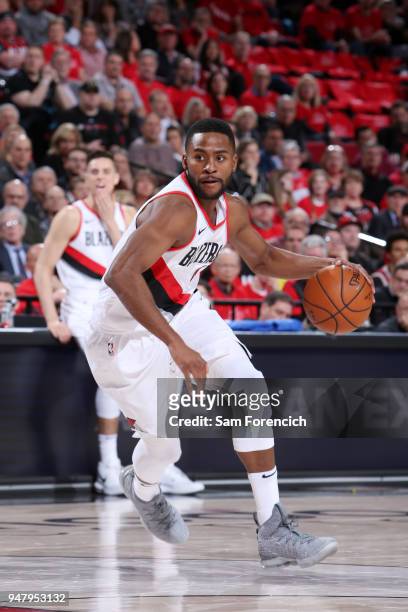 Maurice Harkless of the Portland Trail Blazers handles the ball against the New Orleans Pelicans in Game Two of Round One of the 2018 NBA Playoffs on...