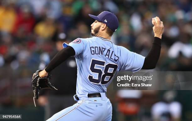 Miguel Gonzalez of the Chicago White Sox pitches against the Oakland Athletics in the first inning at Oakland Alameda Coliseum on April 17, 2018 in...