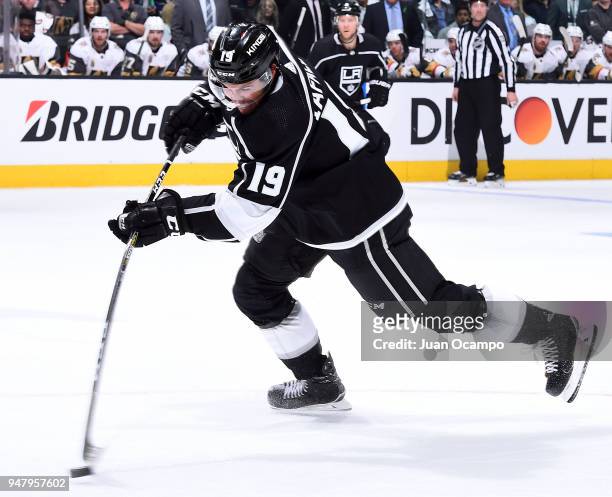 Alex Iafallo of the Los Angeles Kings releases a shot in Game Four of the Western Conference First Round against the Vegas Golden Knights during the...