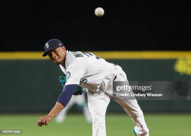 Ariel Miranda of the Seattle Mariners pitches against the Houston Astros in the second inning at Safeco Field on April 17, 2018 in Seattle,...
