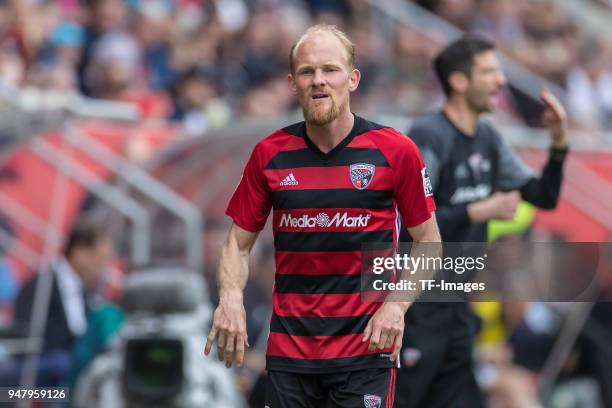 Tobias Levels of Ingolstadt looks on during the Second Bundesliga match between FC Ingolstadt 04 and 1. FC Nuernberg at Audi Sportpark on April 15,...