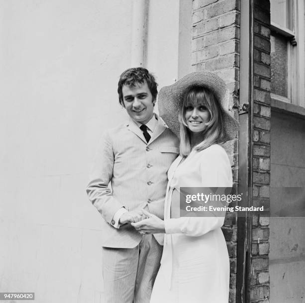 English actor, musician, and composer Dudley Moore and British actress Suzy Kendall on their wedding day, UK, 14th June 1968.