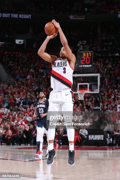 McCollum of the Portland Trail Blazers shoots the ball against the New Orleans Pelicans in Game Two of Round One of the 2018 NBA Playoffs on April...