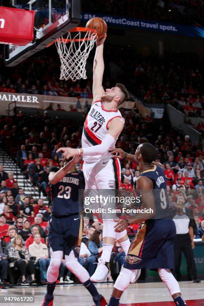 Jusuf Nurkic of the Portland Trail Blazers goes to the basket against the New Orleans Pelicans in Game Two of Round One of the 2018 NBA Playoffs on...