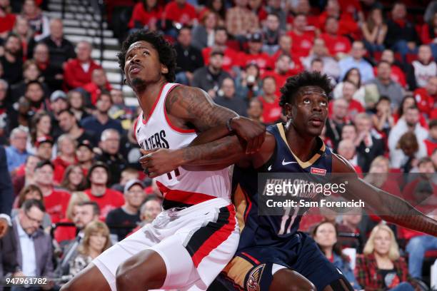 Ed Davis of the Portland Trail Blazers battles for position against Jrue Holiday of the New Orleans Pelicans in Game Two of Round One of the 2018 NBA...