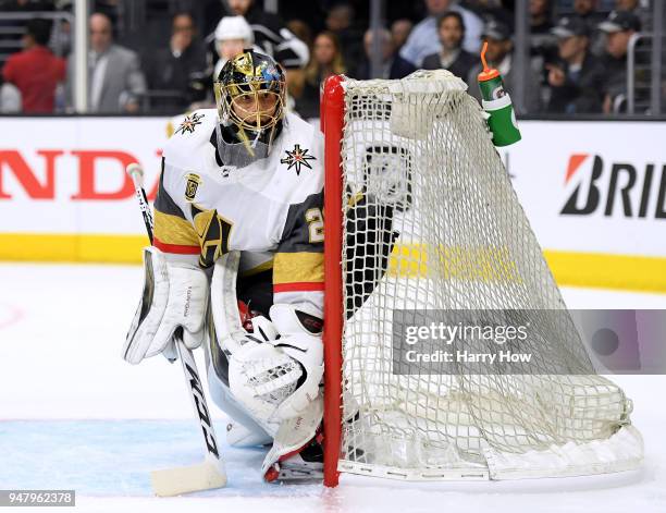 Marc-Andre Fleury of the Vegas Golden Knights follows play around the net during the second period against the Los Angeles Kings in Game Four of the...