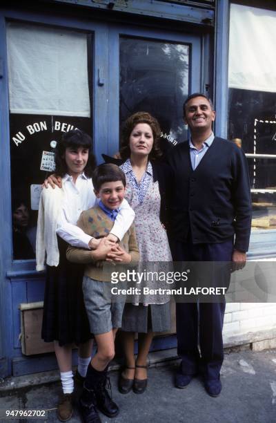 Actors Andrea Ferreol and Roger Hanin, 3rd and 4th from left, on set of TV movie Au Bon Beurre adapted from the book of Jean Dutourd and directed by...
