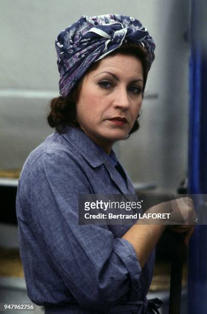 Actress Andrea Ferreol on set of TV movie Au Bon Beurre adapted from the book of Jean Dutourd and directed by Edouard Molinaro in October 1980 in...
