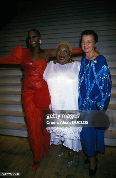 Revue artists Lisette Malidor and Bertice Reading at party at music hall Les Folies Bergere with director of famous music hall Helene Martini on...