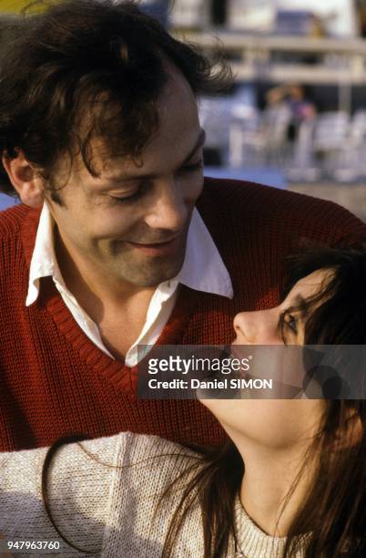 Actors Patrick Dewaere and Ariel Besse at Cannes Film Festival for movie Beau Pere directed by Bertrand Blier in May 1981 in Cannes, France.