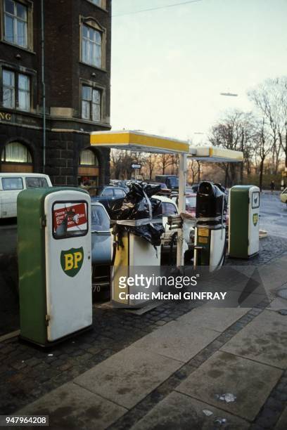 Gas station during oil crisis, in December 1973 in Denmark.