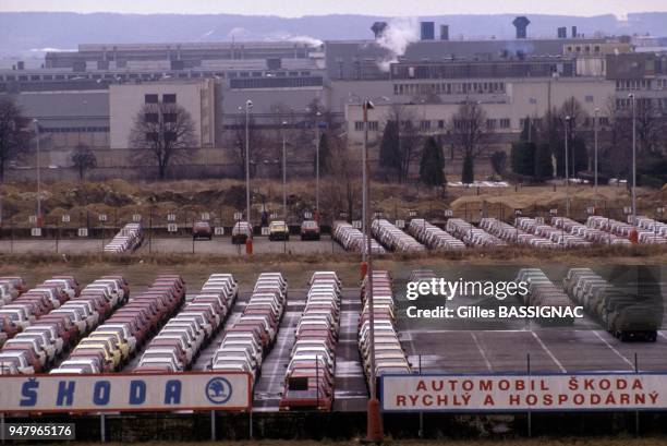 Daily life in Czechoslovakia in 1990, parking in front of Skoda plant in February 1990 in Mlada Boleslav, Czech Republic.
