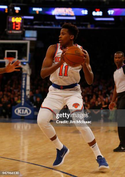 Frank Ntilikina of the New York Knicks in action against the Cleveland Cavaliers at Madison Square Garden on April 9, 2018 in New York City. The...