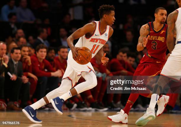 Frank Ntilikina of the New York Knicks in action against the Cleveland Cavaliers at Madison Square Garden on April 9, 2018 in New York City. The...