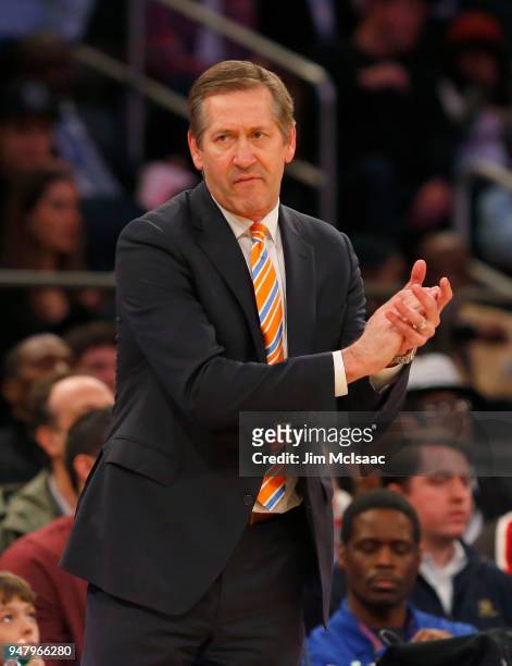 Head coach Jeff Hornacek of the New York Knicks in action against the Cleveland Cavaliers at Madison Square Garden on April 9, 2018 in New York City....