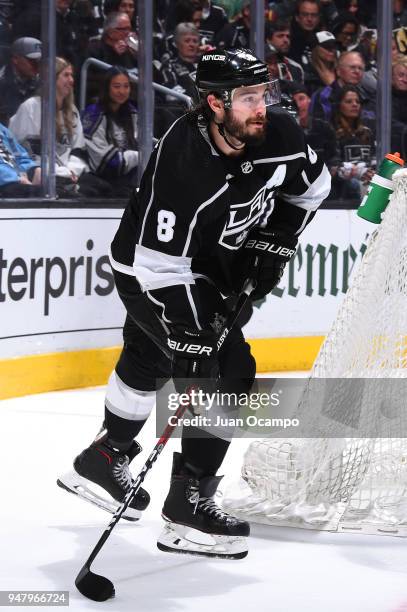 Drew Doughty of the Los Angeles Kings controls the puck in Game Four of the Western Conference First Round against the Vegas Golden Knights during...