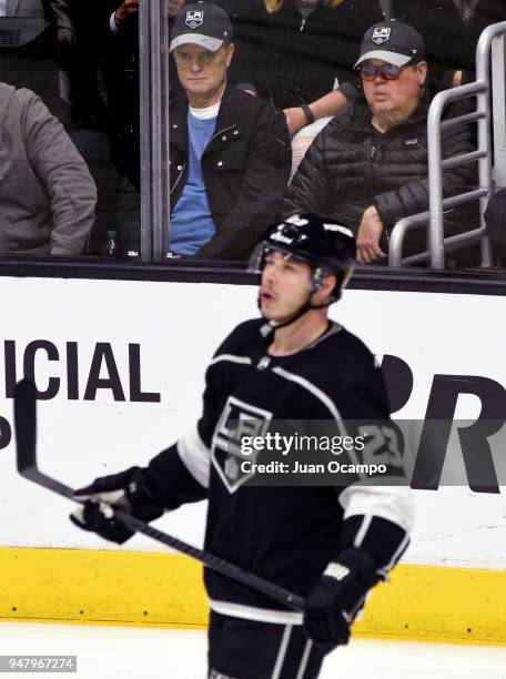 Actor Eric Stonestreet, right, watches Game Four of the Western Conference First Round between the Los Angeles Kings and the Vegas Golden Knights as...