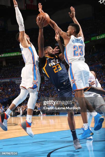 Royce O'Neale of the Utah Jazz handles the ball against the Oklahoma City Thunder during Game One of Round One of the 2018 NBA Playoffs on April 15,...