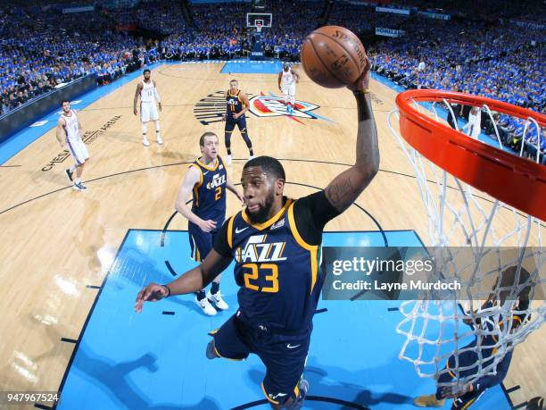 Royce O'Neale of the Utah Jazz handles the ball against the Oklahoma City Thunder during Game One of Round One of the 2018 NBA Playoffs on April 15,...