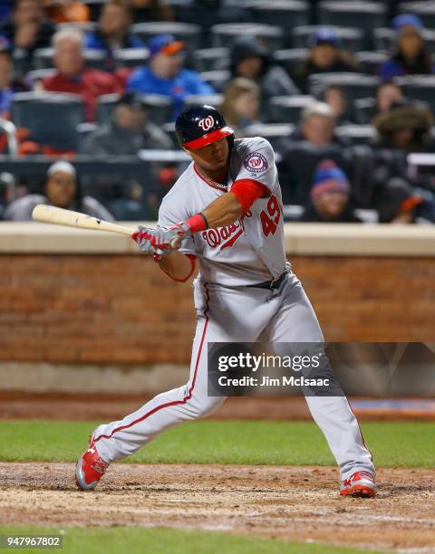 Moises Sierra of the Washington Nationals in action against the New York Mets at Citi Field on April 16, 2018 in the Flushing neighborhood of the...