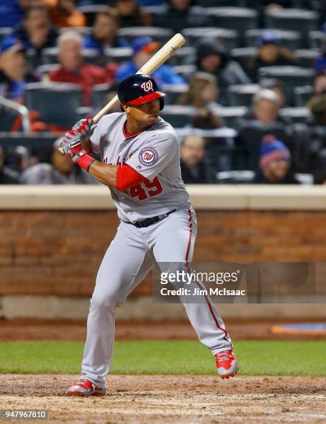 Moises Sierra of the Washington Nationals in action against the New York Mets at Citi Field on April 16, 2018 in the Flushing neighborhood of the...