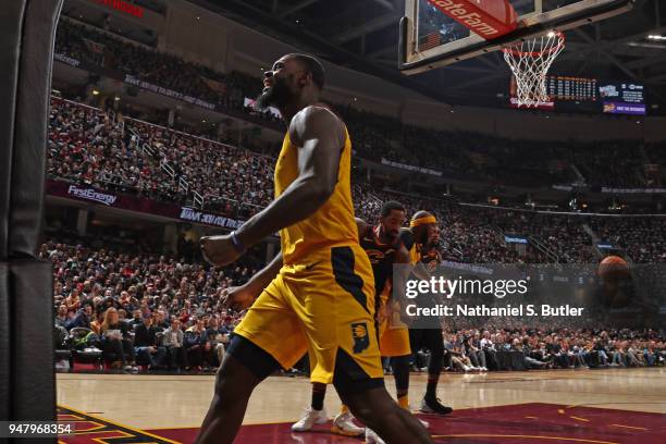 Lance Stephenson of the Indiana Pacers reacts against the Cleveland Cavaliers in Game One of Round One of the 2018 NBA Playoffs on April 15, 2018 at...