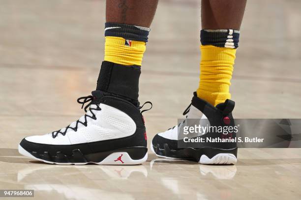 Sneakers of Lance Stephenson of the Indiana Pacers seen during the game against the Cleveland Cavaliers in Game One of Round One of the 2018 NBA...