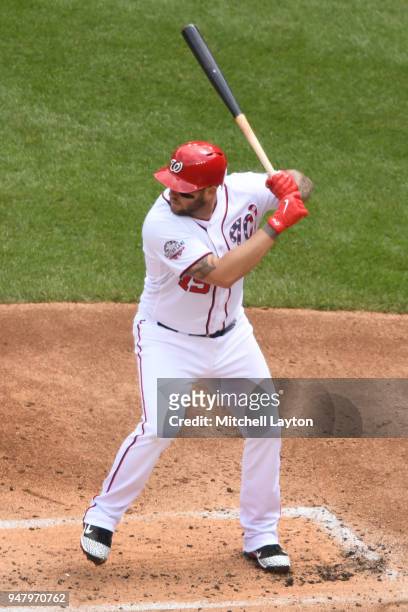Matt Adams of the Washington Nationals prepares for a pitch during a baseball game against the Atlanta Braves at Nationals Park on April 11, 2018 in...