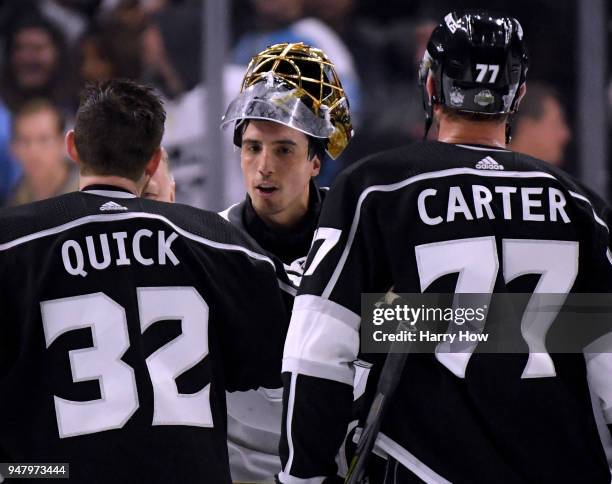 Marc-Andre Fleury of the Vegas Golden Knights smiles as he shakes hands with Jonathan Quick and Jeff Carter of the Los Angeles Kings after a 1-0 win...