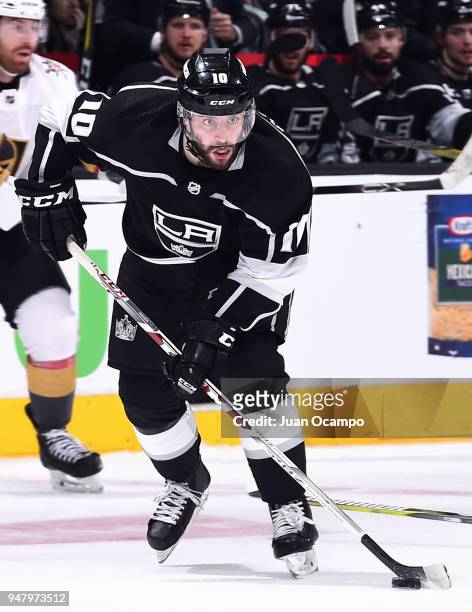 Tobias Rieder of the Los Angeles Kings skates with the puck in Game Four of the Western Conference First Round against the Vegas Golden Knights...